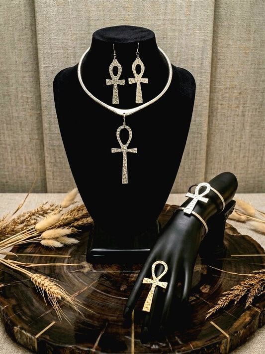 Ankh Hammered Choker Necklace, silver