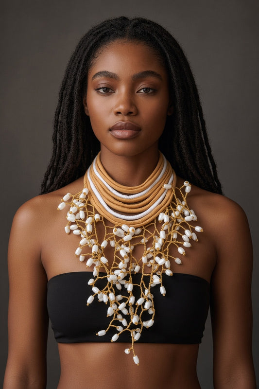 Berness Cascade Necklace — White/Gold Collar with White Fabric Balls worn