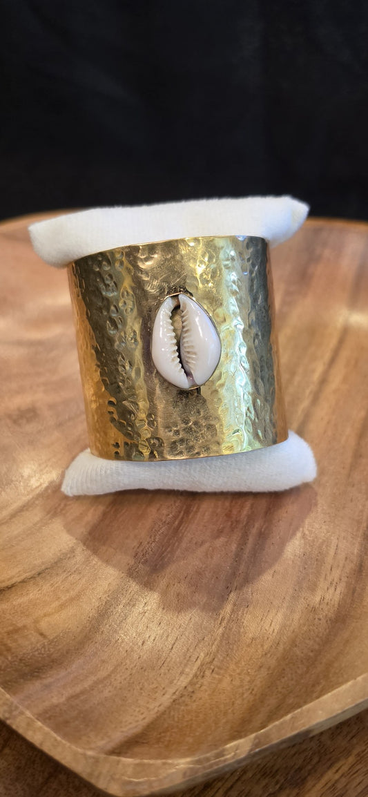 Hammered Brass and Cowrie Bracelet