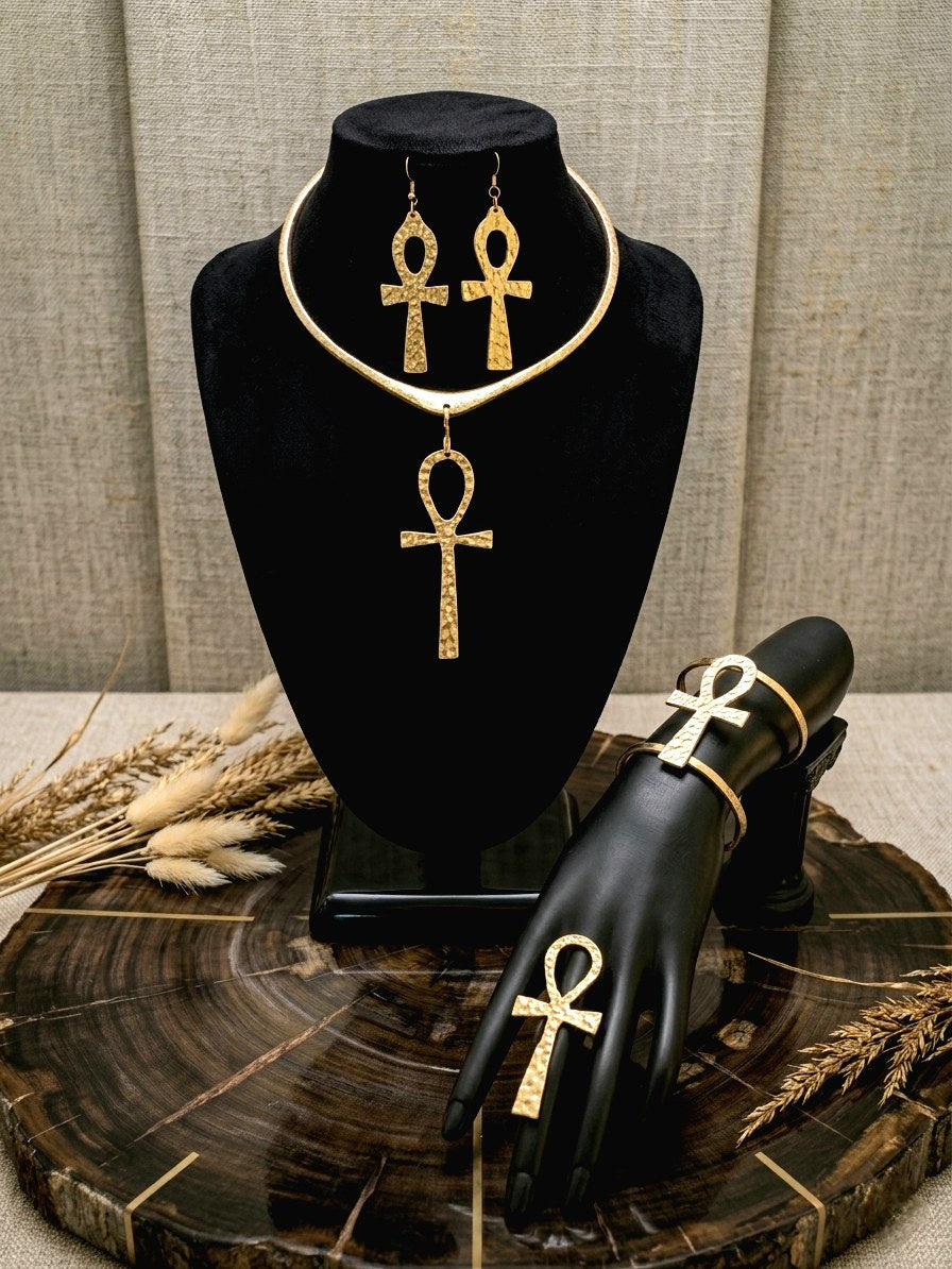 Ankh Hammered Choker Necklace-Gold