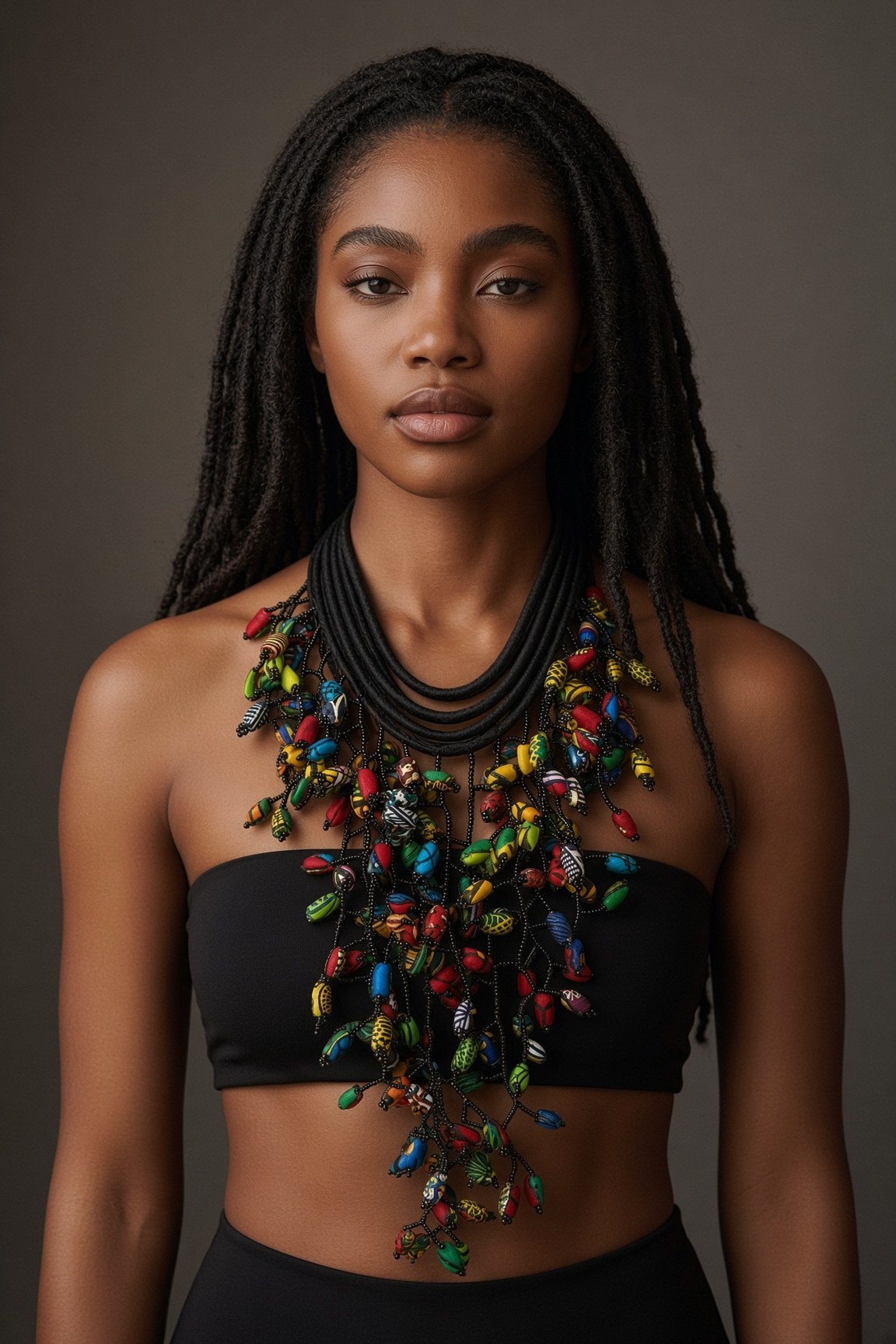 Berness Cascade Necklace — Black Collar with Ankara Fabric Balls worn