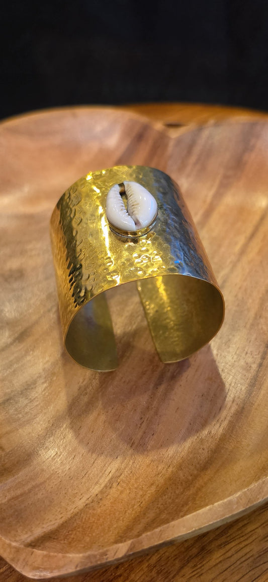 Hammered Brass and Cowrie Bracelet