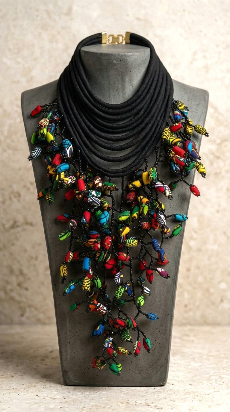 Berness Cascade Necklace — Black Collar with Ankara Fabric Balls
