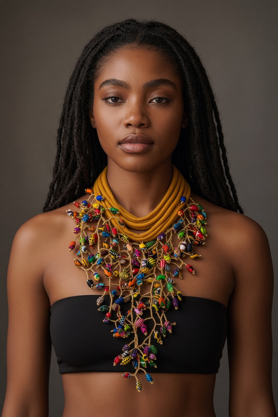 Berness Cascade Necklace — Mustard-yellow Collar with Ankara Fabric Balls worn