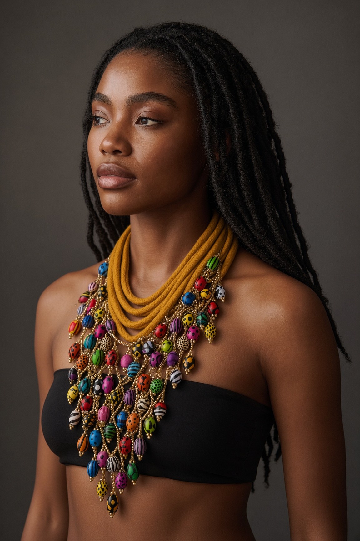 Berness Cascade Necklace — Mustard-yellow Collar with Ankara Fabric Balls worn