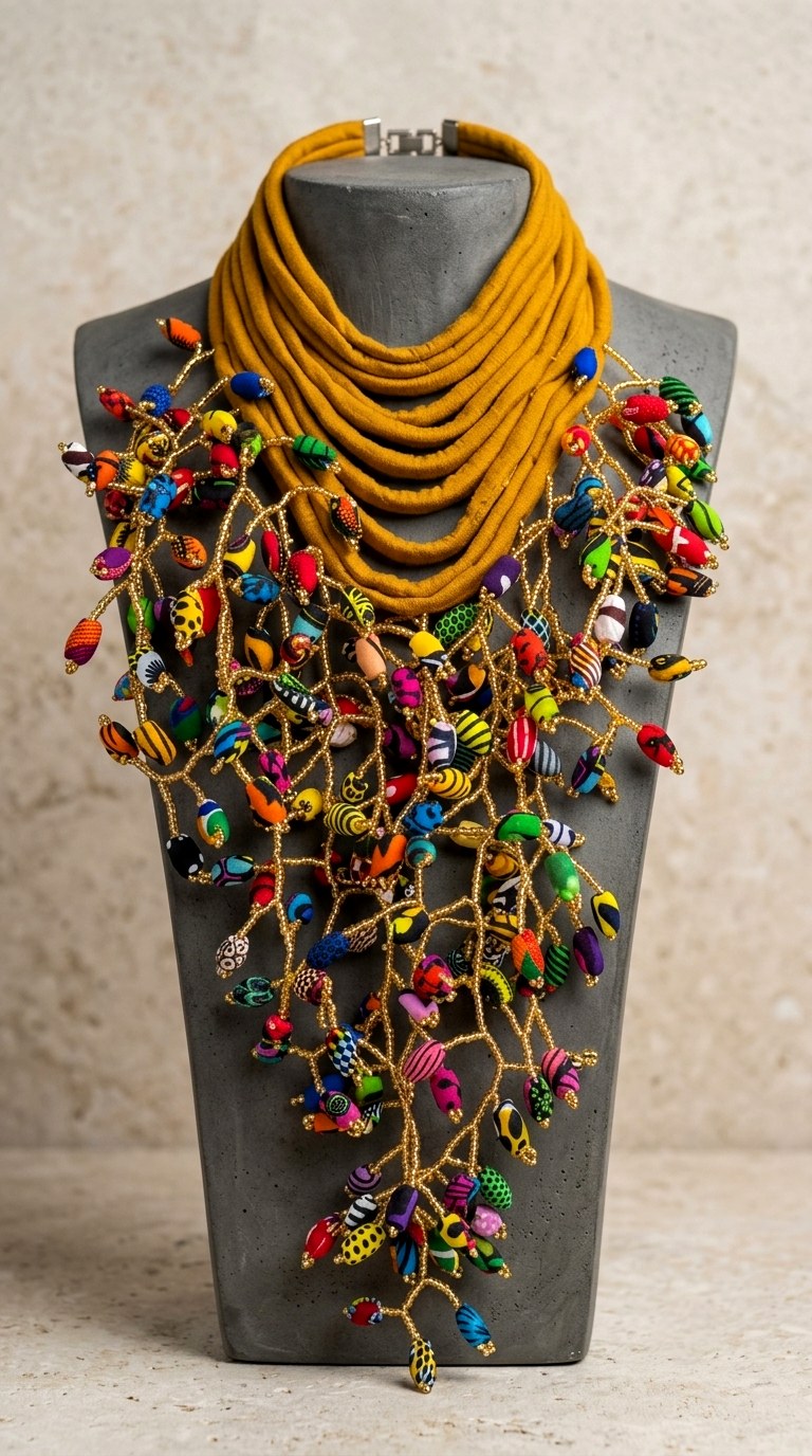 Berness Cascade Necklace — Mustard-yellow Collar with Ankara Fabric Balls