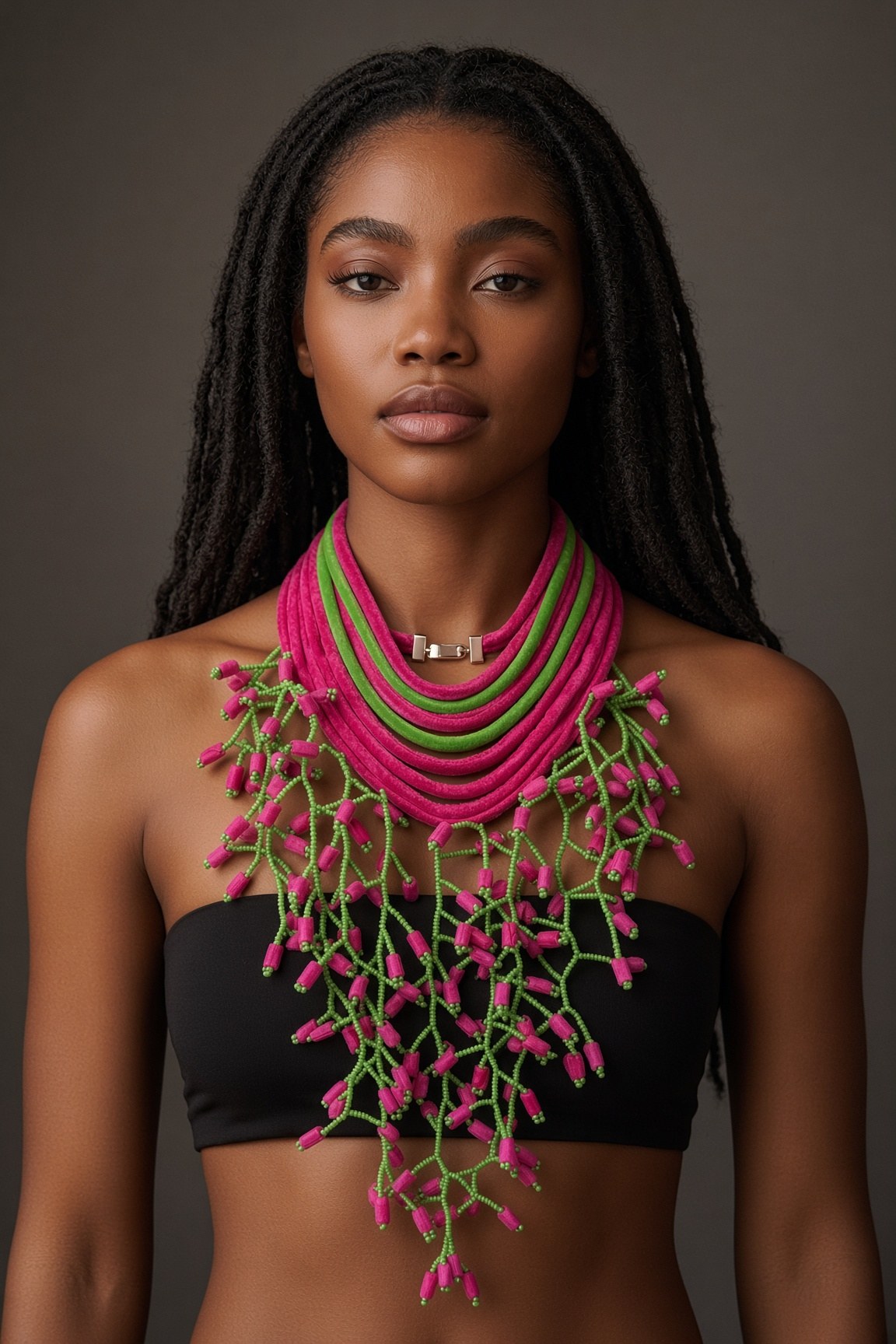 Berness Cascade Necklace — Pink/Green Collar with Pink Fabric Balls worn