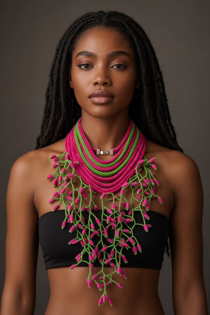 Berness Cascade Necklace — Pink/Green Collar with Pink Fabric Balls worn