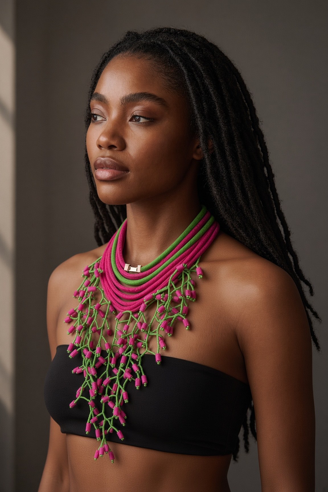 Berness Cascade Necklace — Pink/Green Collar with Pink Fabric Balls worn