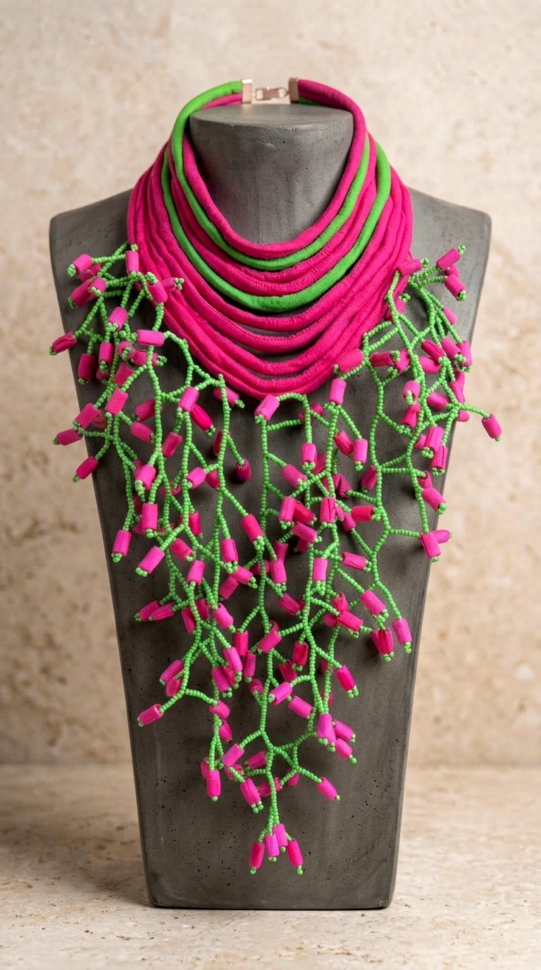 Berness Cascade Necklace — Pink/Green Collar with Pink Fabric Balls