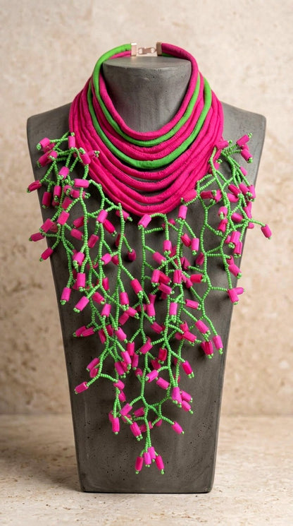 Berness Cascade Necklace — Pink/Green Collar with Pink Fabric Balls