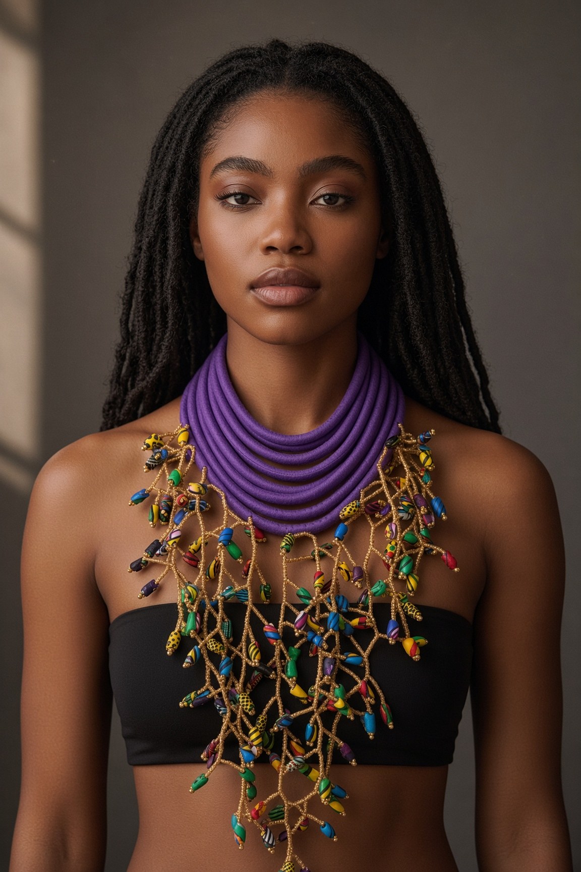 Berness Cascade Necklace — Purple Collar with Ankara Fabric Balls worn