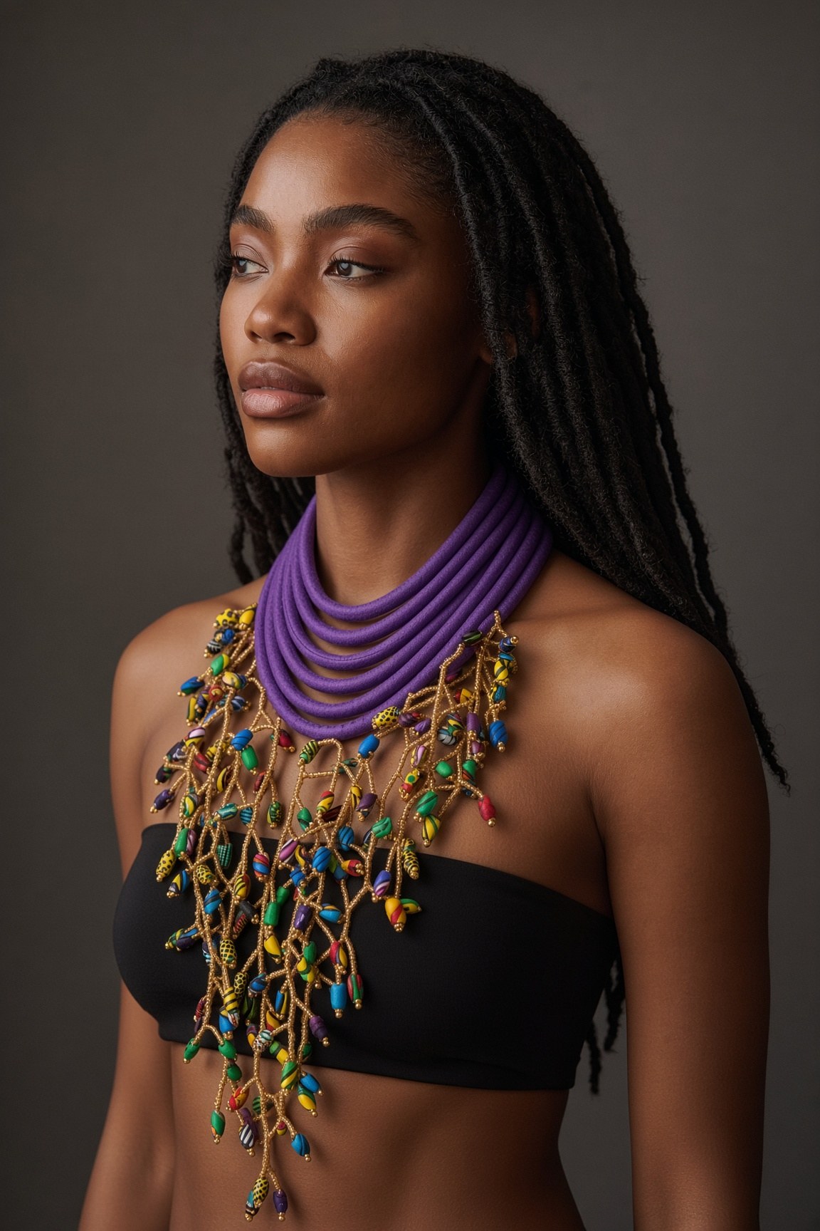 Berness Cascade Necklace — Purple Collar with Ankara Fabric Balls worn