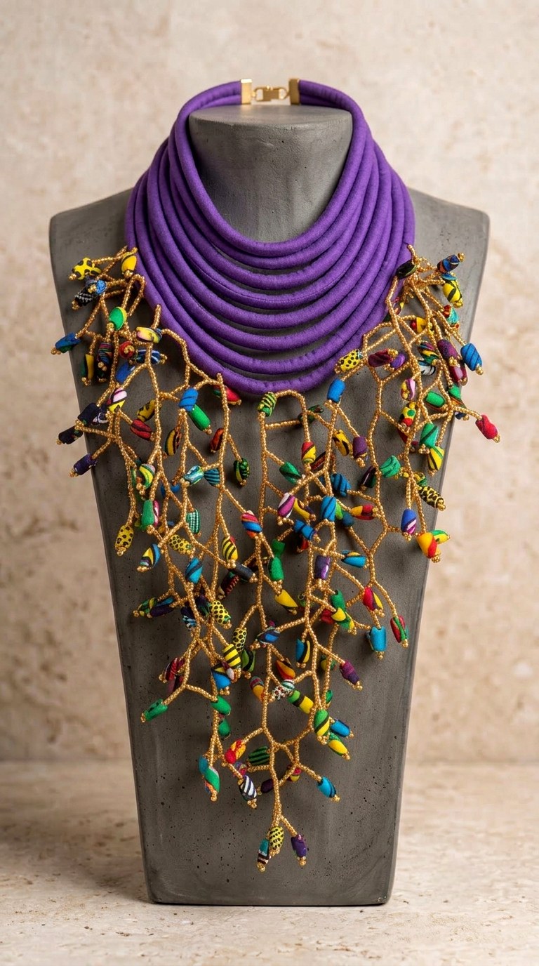 Berness Cascade Necklace — Purple Collar with Ankara Fabric Balls