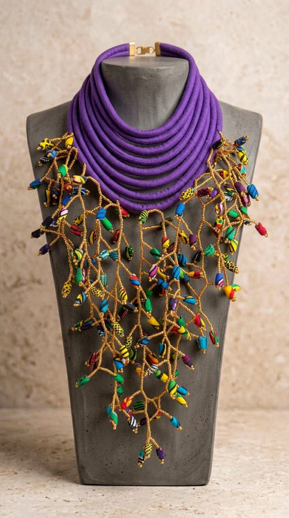 Berness Cascade Necklace — Purple Collar with Ankara Fabric Balls
