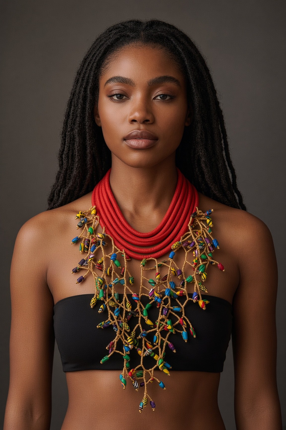 Berness Cascade Necklace — Red Collar with Ankara Fabric Balls worn
