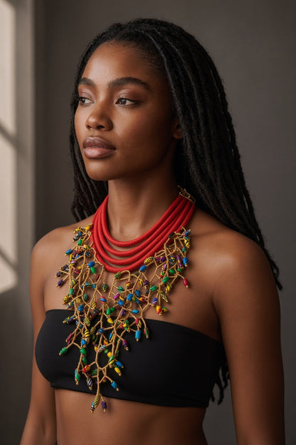 Berness Cascade Necklace — Red Collar with Ankara Fabric Balls worn