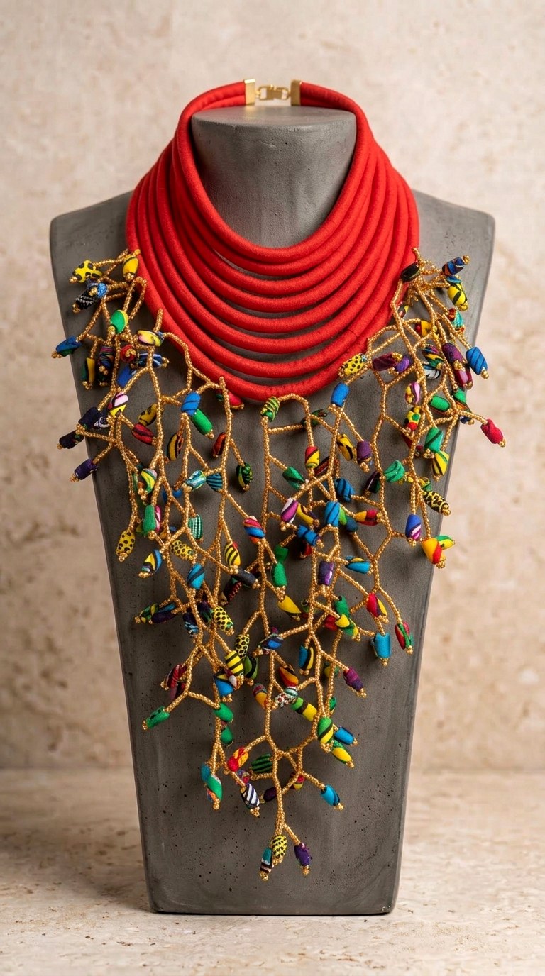 Berness Cascade Necklace — Red Collar with Ankara Fabric Balls