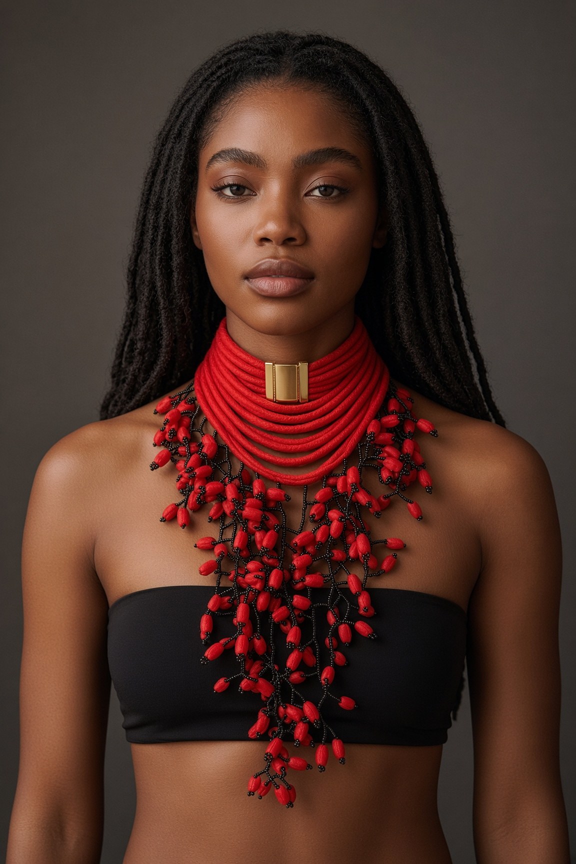 Berness Cascade Necklace — Red Collar with Red Fabric Balls worn
