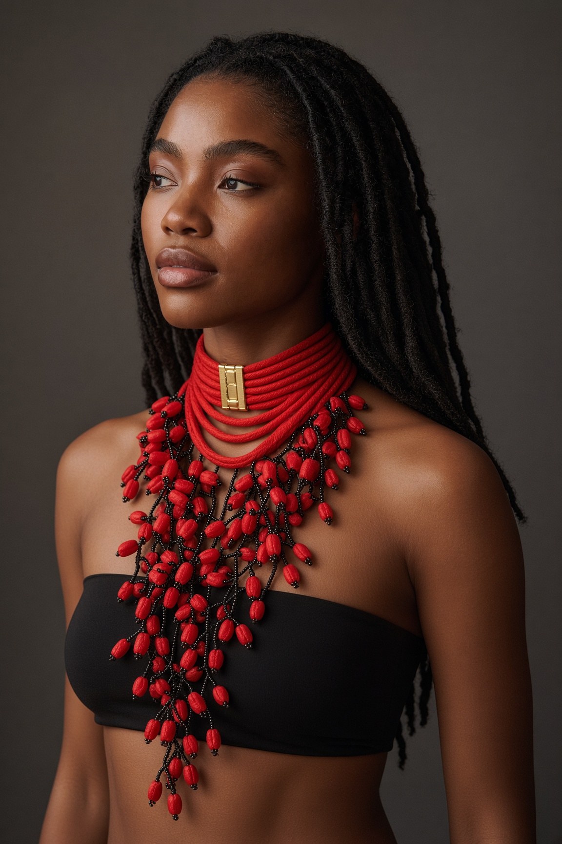 Berness Cascade Necklace — Red Collar with Red Fabric Balls worn
