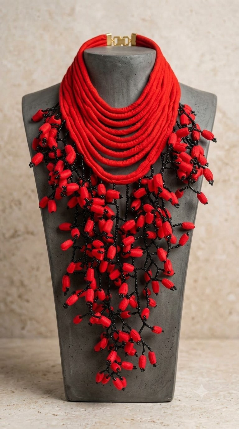 Berness Cascade Necklace — Red Collar with Red Fabric Balls