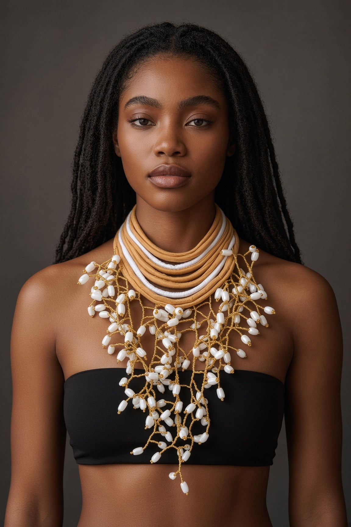 Berness Cascade Necklace — White/Gold Collar with White Fabric Balls worn