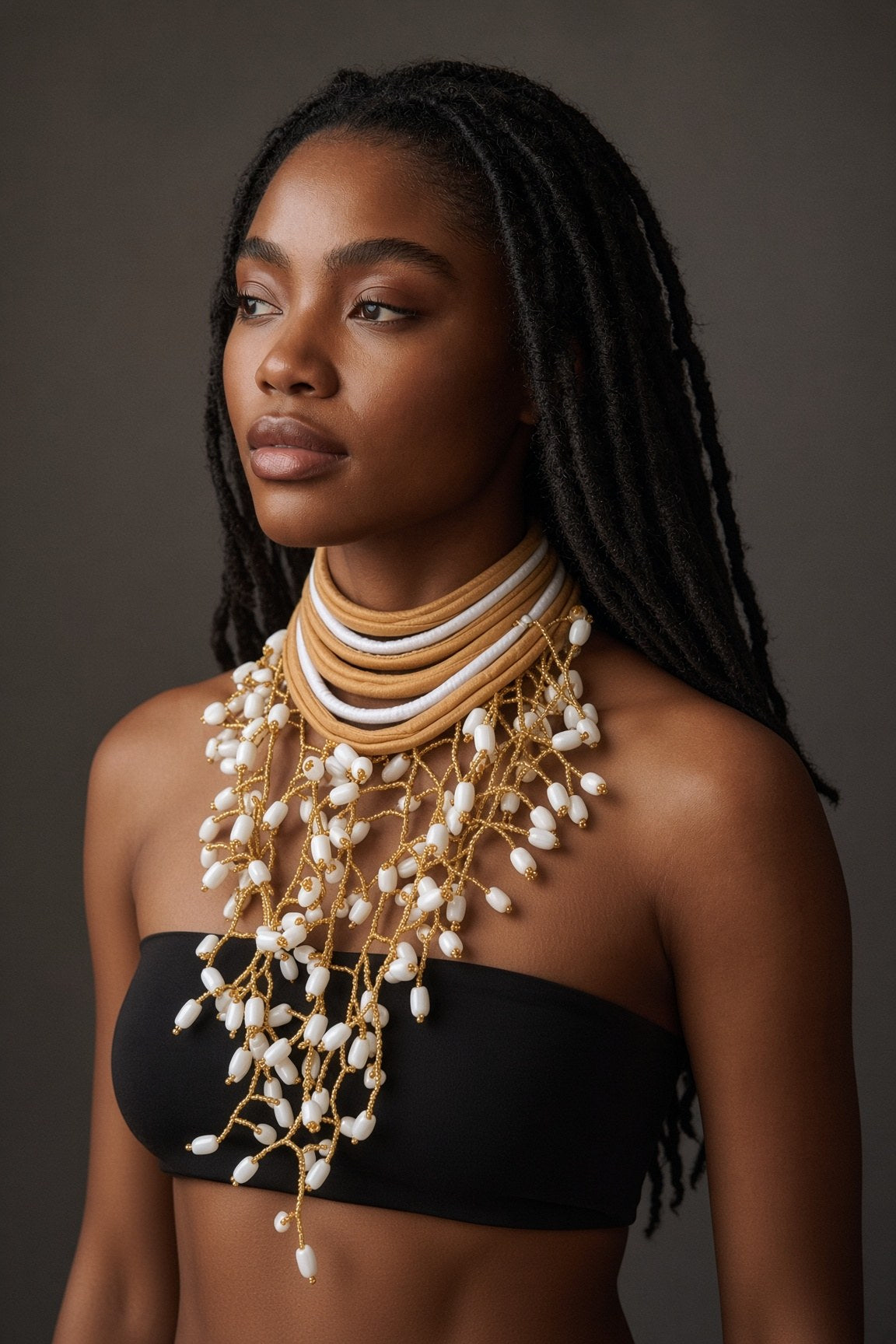 Berness Cascade Necklace — White/Gold Collar with White Fabric Balls worn