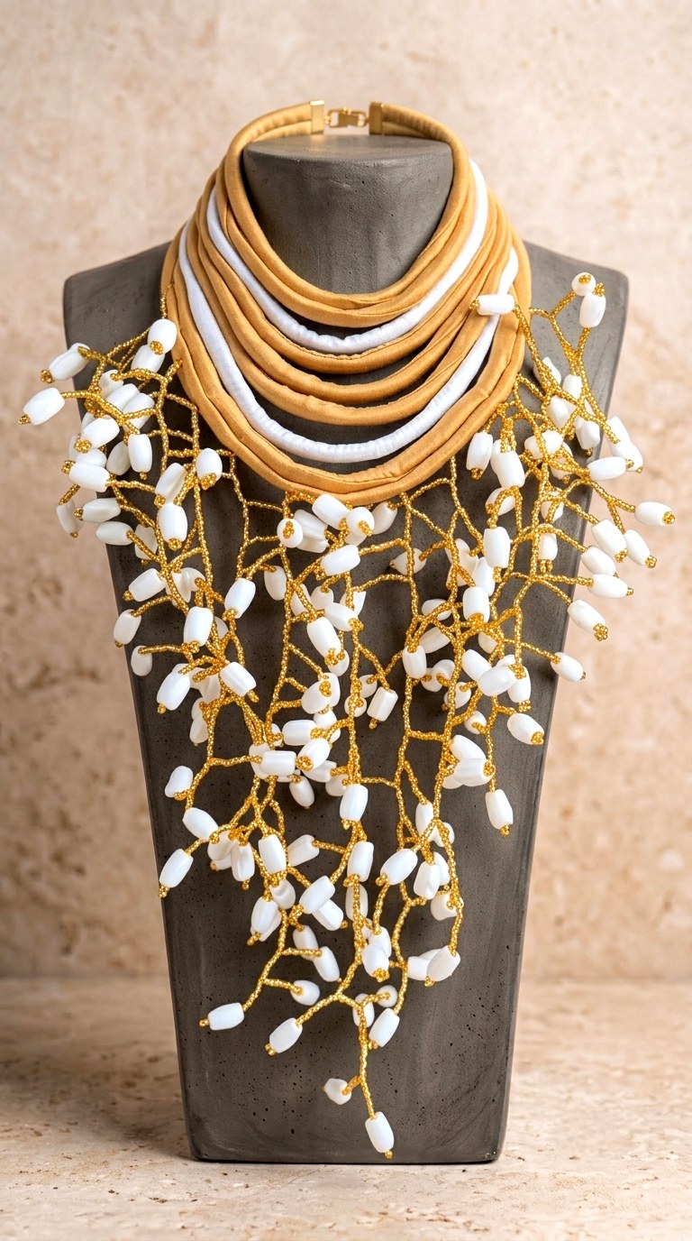 Berness Cascade Necklace — White/Gold Collar with White Fabric Balls