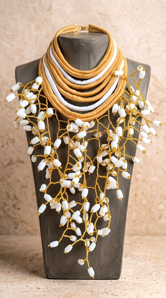 Berness Cascade Necklace — White/Gold Collar with White Fabric Balls